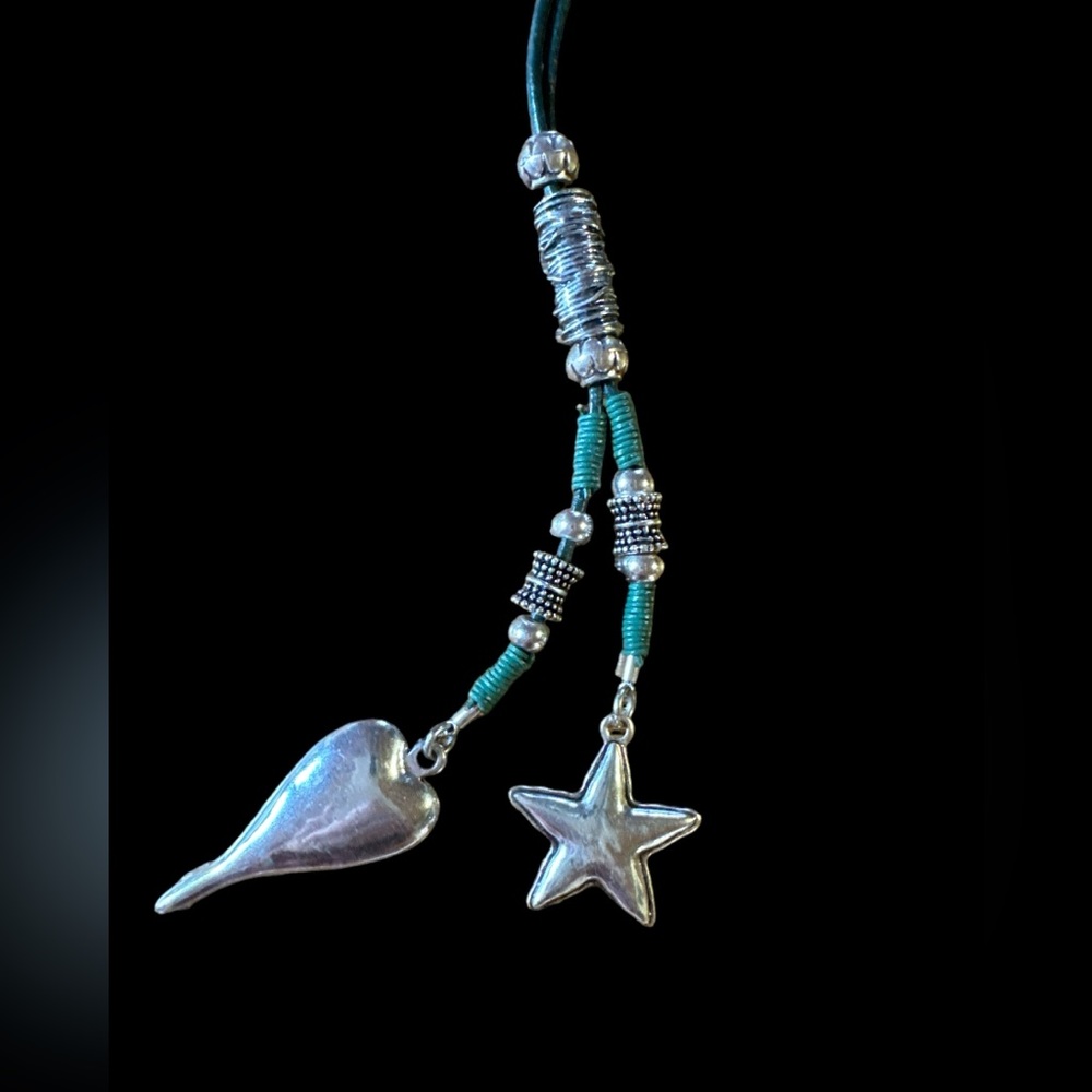 The Loft Necklace 23”, Jade Tone & Silver Color Beads, Large Star & Heart,
